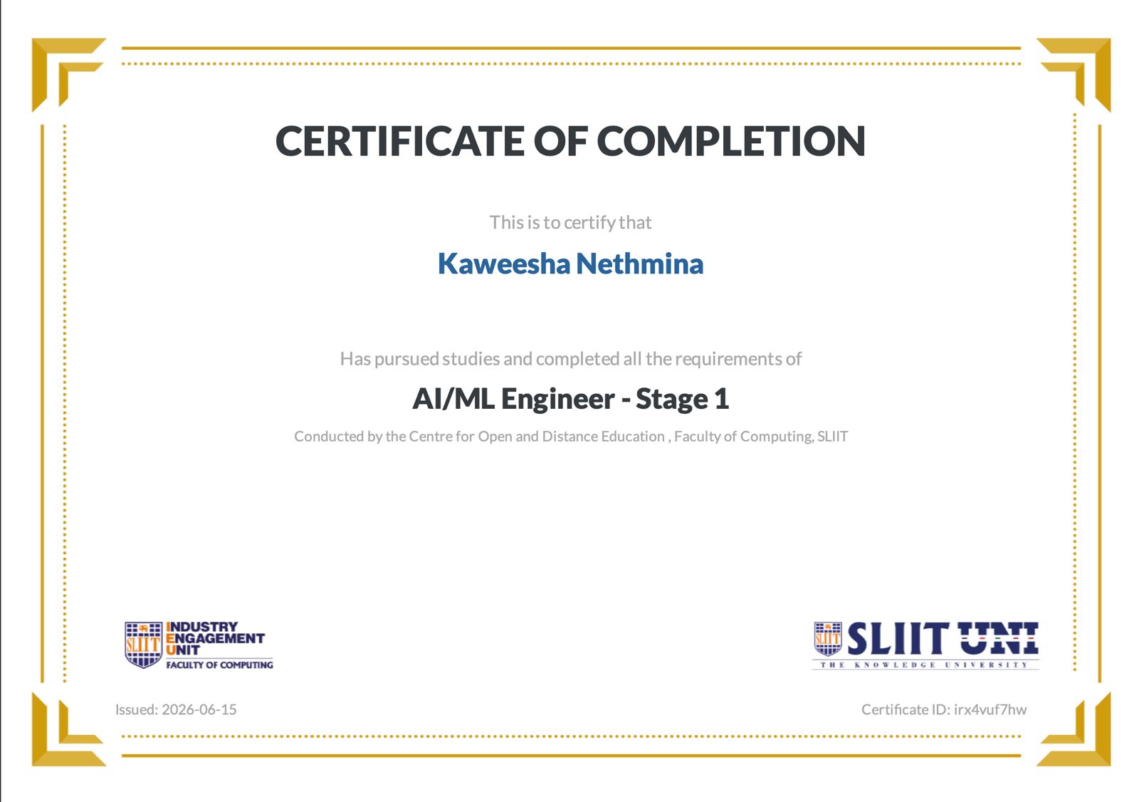AI/ML Engineer - Stage 1 certificate